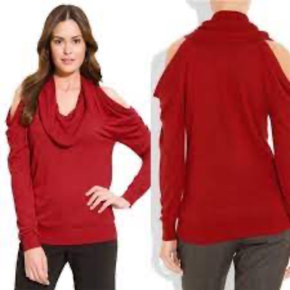 NEW Michael Kors Cut Out open Shoulder Shimmery cold cowl sweater Red M - Picture 12 of 13